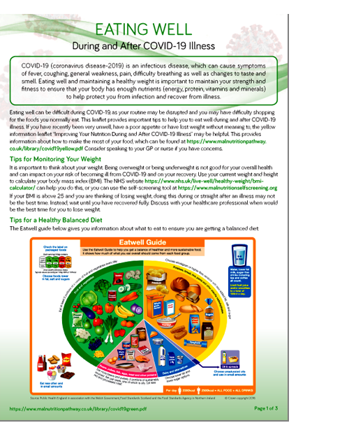 the green leaflet to encourage healthy eating and good hydration in non-hospitalised patients with mild symptoms of COVID-19