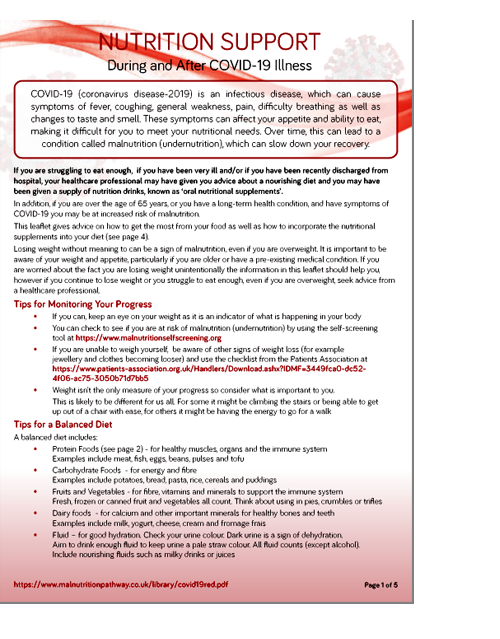 the red leaflet to encourage healthy eating and good hydration in non-hospitalised patients with a long term health condition and/or frailty needing oral nutritional supplements with mild symptoms of COVID-19 and poor appetite