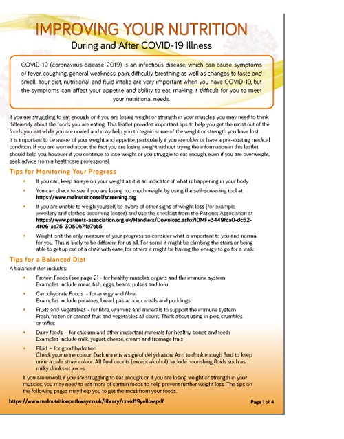 the yellow leaflet to encourage healthy eating and good hydration in non-hospitalised patients with mild symptoms of COVID-19 and poor appetite