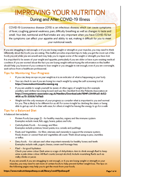 the yellow leaflet to encourage healthy eating and good hydration in hospitaised/non-hospitalised patients with mild symptoms of COVID-19